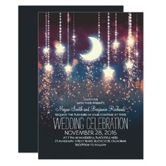 a wedding card with the moon and stars in the sky above it, on top of a