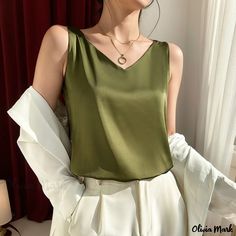 Olivia Mark - Satin Camisole Vest for Layering or Wearing as an Outer Strap Elegant Green V-neck Camisole, Sleeveless Light Green Summer Tops, Chic Green Sleeveless Tank Top, Elegant Green Vest Top, Chic Green Blouse With Vest Detail, Fitted Sleeveless Olive Top, Fitted Olive Sleeveless Top, Elegant Green Tank Top For Summer, Elegant Green Tank Top