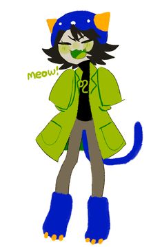 a drawing of a cat in a green coat and blue boots with the word meow on it