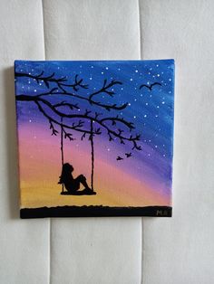 a painting of a person sitting on a swing under a tree with the moon in the sky