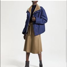 Theory Utility Outerwear Size Large Color Is Navy Ocean The Inside Is A Tan Shearling Lamb Fur Brand New With Tags Attached Shearling Fur Coat With Long Sleeves For Work, Contemporary Outfits, Utility Jacket, Cashmere Sweaters, Work Fashion, Cotton Twill, Trench Coat, Work Wear, Cashmere