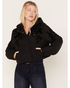 Free People Women's Fleur De Lis Denim Puffer Jacket, Black