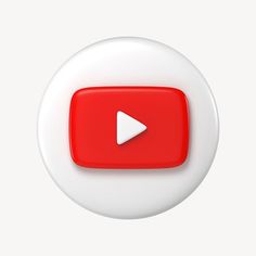 a red and white button with a play button on it's side, in front of a white background