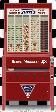 a red vending machine sitting on top of a black and white checkered floor