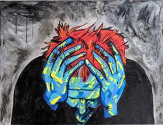 a painting of a person covering their face with hands