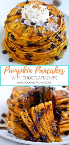 pumpkin pancakes with chocolate chips and whipped cream on top are stacked on a white plate