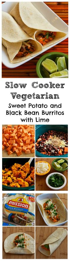 an image of slow cooker vegetarian sweet potato and black bean burritos