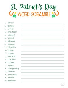 the st patrick's day word scramble is shown in green and orange with shamrocks