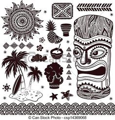 tiki mask, palm trees and other decorative elements