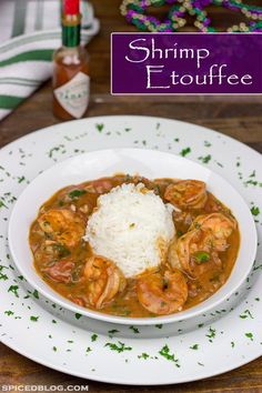 shrimp etouffe with rice in a white bowl