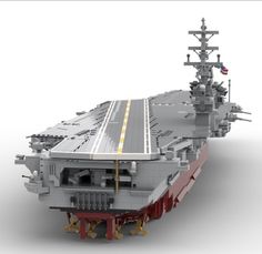 an aircraft carrier is shown on a white background with no people around it, and there is also a smaller ship in the foreground