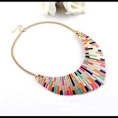 Colorful Bib Necklace Colorful Necklaces For Summer Party, Trendy Multicolor Metal Necklaces, Colorful Necklace For Summer Party, Orange Necklace For Spring Gift, Orange Necklace For Spring Season Gift, Colorful Summer Party Necklaces, Spring Party Multicolor Jewelry, Multicolor Necklaces For Spring Party, Multicolor Retro Jewelry For Spring