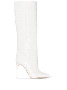 white leather crocodile effect pointed toe pull-on style knee-high high stiletto heel White Knee High Boots, Embossed Boots, Pu Boots, Pink Boots, Paris Texas, Stiletto Boots, Wide Calf Boots, Knee High Leather Boots, White Boots