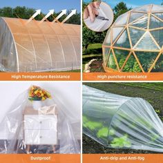 four pictures showing different types of greenhouses