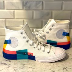 Brand New W/O Box. Never Worn. Size 9.5w/7.5m. White W/Pink, Yellow, Blue, Teal Color Block Stripes. Very Cool Clear/Transparent Converse Emblem Wattpad Outfits, Converse Hightop, Custom Converse, Converse White, Converse Chuck 70, Chuck 70, Teal Color, Blue Teal, Wedding Board