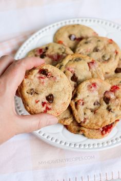 a person is holding a chocolate chip cookie on a plate