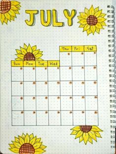 a calendar with sunflowers on it and the word july written in cursive writing