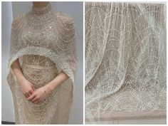 two images show the back and side of a woman's dress with beading on it