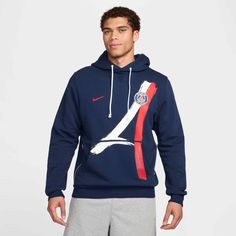 Nike 2024-25 PSG Men's Dri-Fit Pullover Hoodie (Model - Front) Nike Paris, Sew On Badges, League Table, Nike Long Sleeve, Paris Print, Taking A Break, The League, Nike Sweatshirts, French Terry Fabric