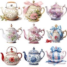 there are many different teapots with bows on them