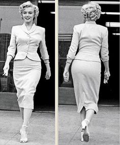 two photos of women walking down the street in dresses and heels, one is wearing a suit