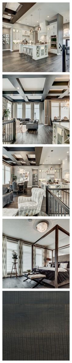 four different views of a living room and kitchen from the top to the bottom floor