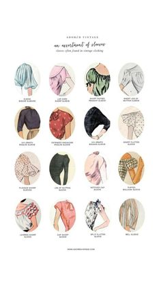 an illustration of different types of hats and clothing for women in various styles, from the front to the back