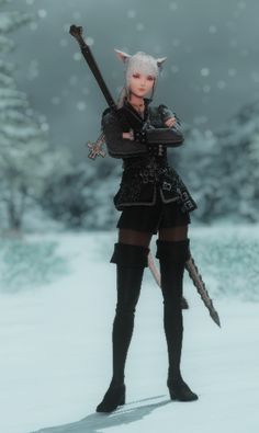 a woman with white hair and black clothes is holding two swords in the snow,