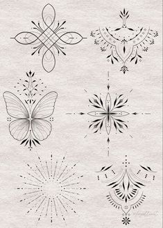 an image of different designs on paper with the words, butterflies and stars in black ink