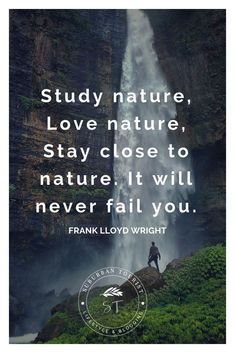 a man standing in front of a waterfall with a quote from frank lloyd wright on it