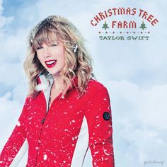 taylor swift christmas tree farm album cover with snow falling on her face and red jacket