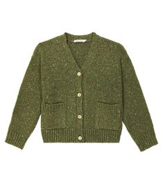 Tirso Wool Blend Cardigan in Green - The New Society | Mytheresa Button-up Knit Cardigan With Pockets, Knit Button-up Cardigan With Pockets, Cozy Button-up Cardigan With Pockets, Classic Green Wool Cardigan, Cozy Green Cardigan For Work, Long Sleeve Merino Wool Cardigan With Pockets, Green Wool Knitted Cardigan, Cozy Wool Sweater With Button Closure, Green Knit Cardigan With Pockets