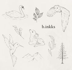 an image of birds and plants with the words b inks written below them in english