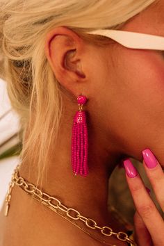 - These beautiful earrings will bring vibrant vibes to your look! - Hot pink beaded studs and tassel design - Length: 3" Beaded Studs, In Hot, Beautiful Earrings, Beaded Earrings, Hot Pink, Pink, Design, Bead Earrings