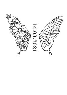 a black and white drawing of a butterfly with flowers