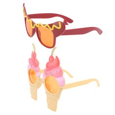 an ice cream sundae with sunglasses hanging from it's holder on a white background