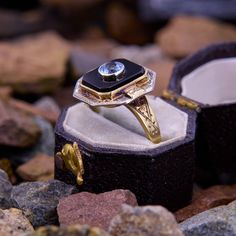 This lovely vintage ring displays an onyx tab with a bezel set lab created spinel set in the center. The ring is crafted in 10k two tone gold and shows a soft patina. Its current size is a 6. Vintage Onyx Ring, Blue Spinel, Ring Displays, Onyx Ring, Vintage Ring, Bezel Setting, Vintage Rings, Onyx, Two Tone