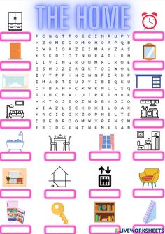 the home word search is shown in blue and pink with different types of items on it