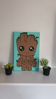 a painting of a baby groote sitting on top of a shelf next to two potted plants