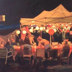 an oil painting of people sitting at a table under a tent with lanterns on it