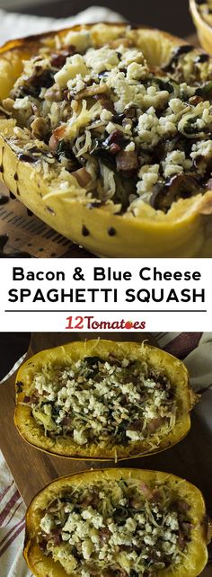 bacon and blue cheese spaghetti squash is shown in this collage with text overlay