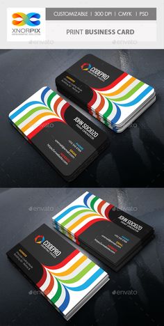 three different business cards with colorful stripes on the front and back, all in black