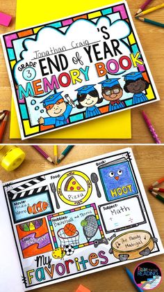 an end of year memory book with pencils and crayons