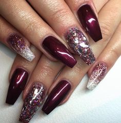 Maroon Glitter French Tip Nails, Burgandy Glitter Nails, Burgundy Sparkle Nails, Burgundy And Silver Nails Acrylic, Maroon And Rose Gold Nails, Fabulous Nails Classy, Burgundy Gel Nails With Glitter, Burgundy And Black Glitter Nails, Burgundy Nails With Silver Glitter