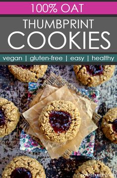 an image of blueberry cookies with text overlay that reads 100 % oat thumbprint cookies vegan gluten free easy healthy