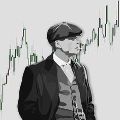 a man in a suit and hat standing next to a stock chart