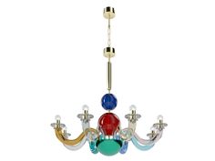 a multicolored chandelier hanging from a ceiling fixture on a white background