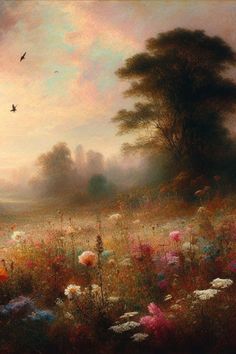 a painting of flowers and birds flying in the sky over a field with tall grass