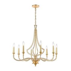 a gold chandelier with six lights hanging from it's center and four arms