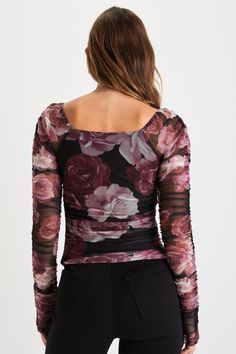 Show off your sweet-as-can-be style in the Lulus Flowering Aesthetic Black Floral Mesh Ruched Square Neck Top! Stretchy mesh knit, with a moody floral print throughout, shapes this flattering top with a square neckline framed by long, sheer ruched sleeves. The figure-hugging bodice features more flirty ruching along the sides. Tuck into your favorite high-waisted bottoms for a swoon-worthy look! Fit: This garment fits true to size. Length: Size medium measures 20" from shoulder to hem. Bust: Gre Ruched Mesh Top For Spring Parties, Spring Ruched Mesh Tops, Chic Ruched Mesh Top For Spring, Adhesive Bra, Flattering Tops, Square Neck Top, Floral Squares, Lulu Fashion, Strapless Bra